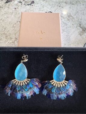 GAS BIJOUX Peacock Blue Teardrop Feather Earrings STUNNING!  Worn once!